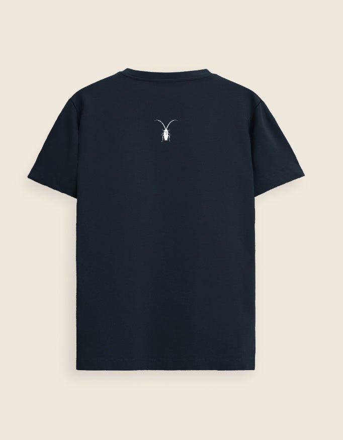 BackClean studio backshot of a classic Roach Resistance unisex navy blue regular fit t-shirt from the Press Freedom collection.