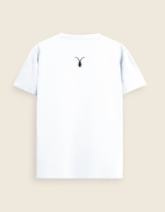 Back Studio display of a pristine white luxury unisex t-shirt in regular fit Supima cotton from the Roach Resistance Press Freedom collection. full shot