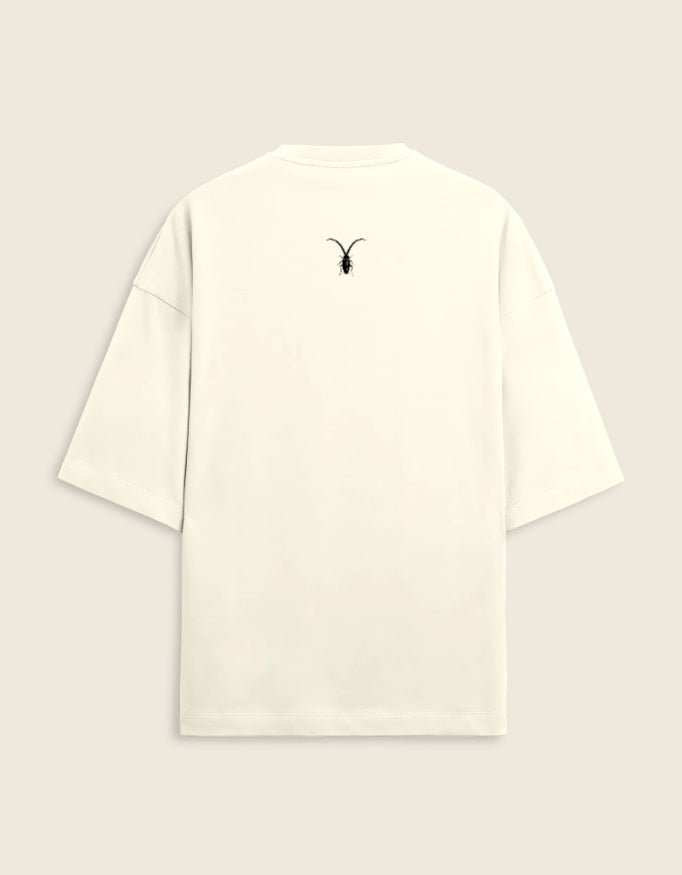 Back Front view of the Roach Resistance Press Freedom unisex oversized tee in off white, showcasing the heavy 260GSM terry-knit texture.