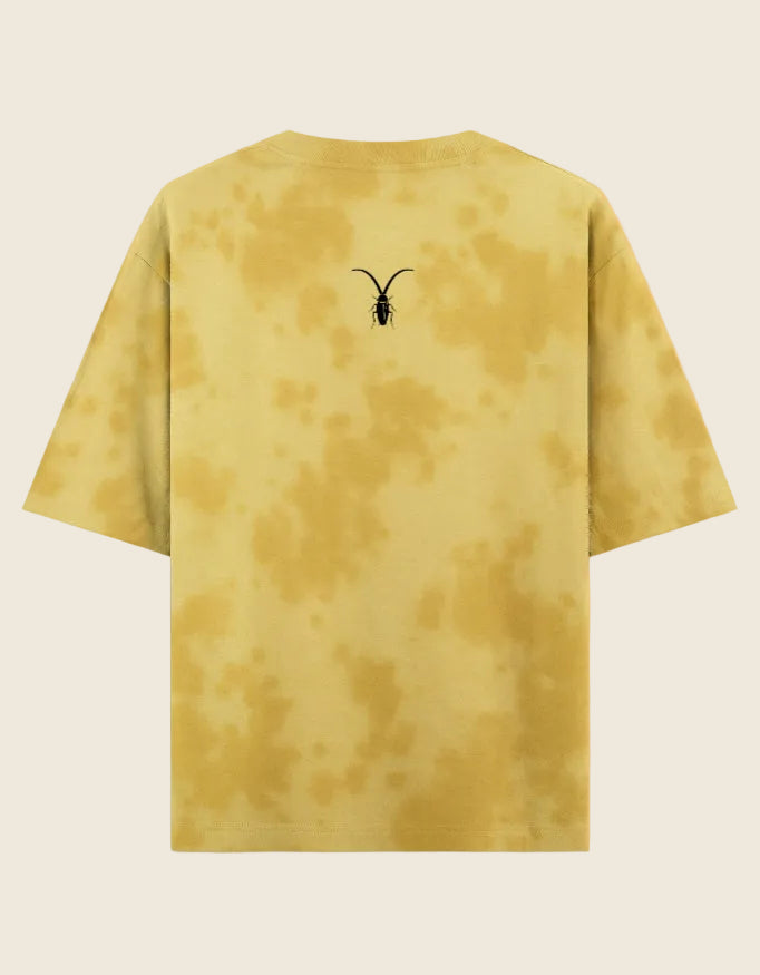 Back view of the Roach Resistance Press Freedom unisex oversized tie-dye t-shirt in bold yellow, crafted from heavy 260GSM cotton.