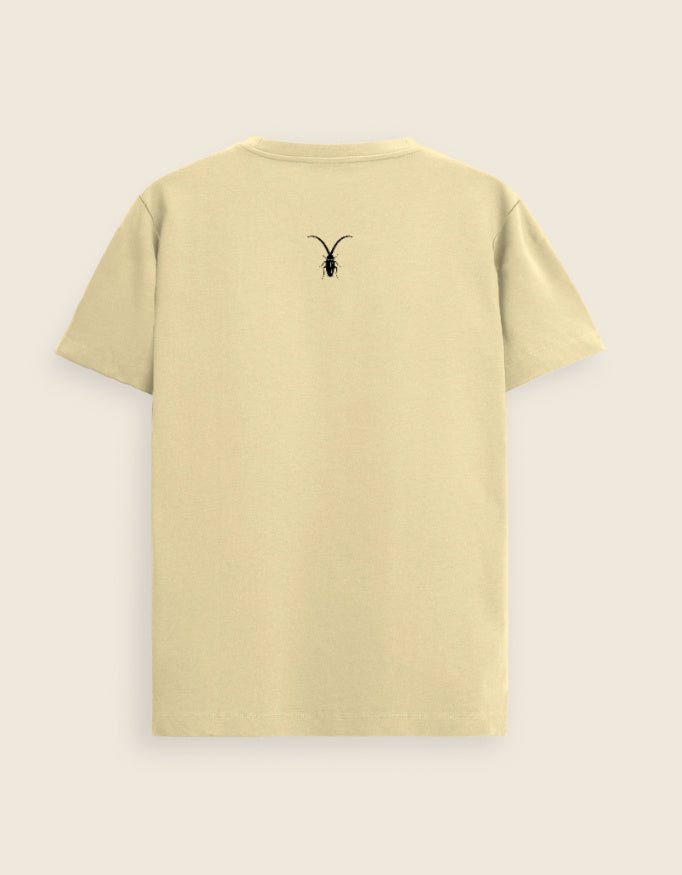 Back Premium unisex warm beige t-shirt from Roach Resistance's Press Freedom collection highlighting regular fit draping and fine Supima cotton weave.