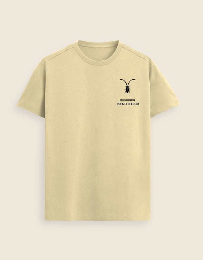 Front Premium unisex warm beige t-shirt from Roach Resistance's Press Freedom collection highlighting regular fit draping and fine Supima cotton weave.