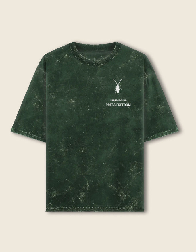 Front Premium regular fit unisex bottle green acid-washed t-shirt by Roach Resistance from the Press Freedom capsule collection.