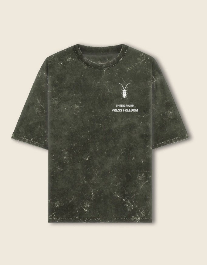 Front Premium regular fit unisex olive green acid-washed t-shirt by Roach Resistance from the Press Freedom capsule collection.
