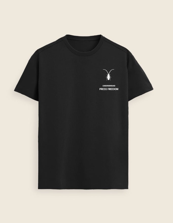 Front Premium unisex black t-shirt by Roach Resistance from the Press Freedom collection, showcasing high-end Supima cotton texture.