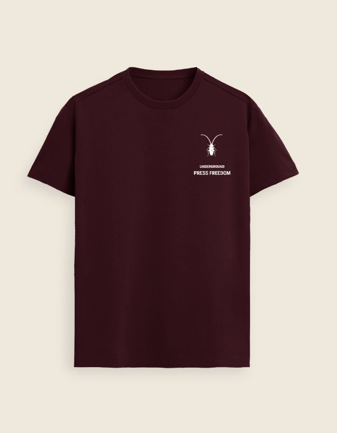 Front A details minimalist regular fit unisex maroon t-shirt by Roach Resistance from the Press Freedom drop, featuring luxury Supima cotton.