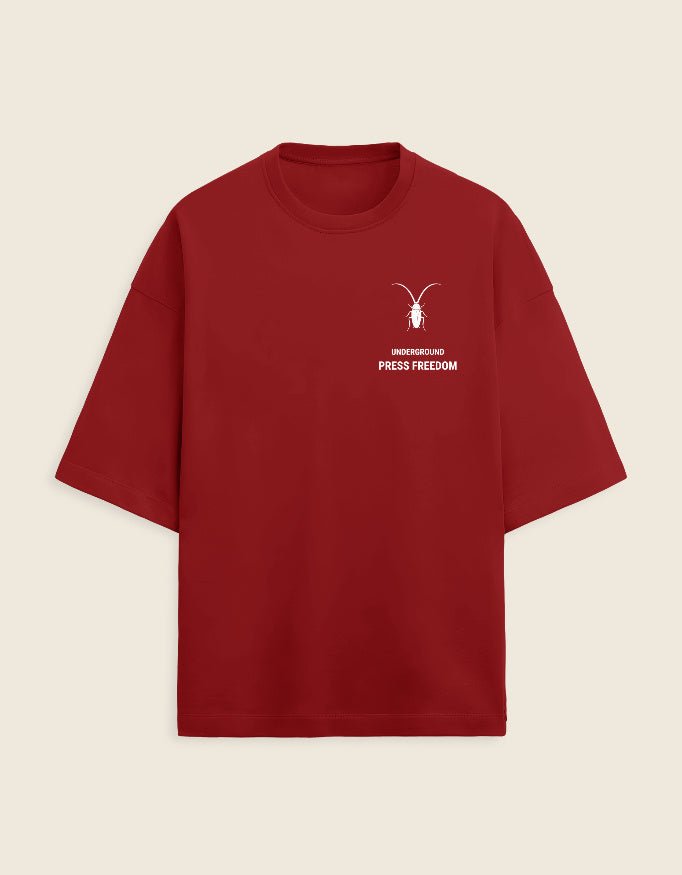 Front Bold red unisex oversized t-shirt with drop shoulders from the Roach Resistance Press Freedom collection.