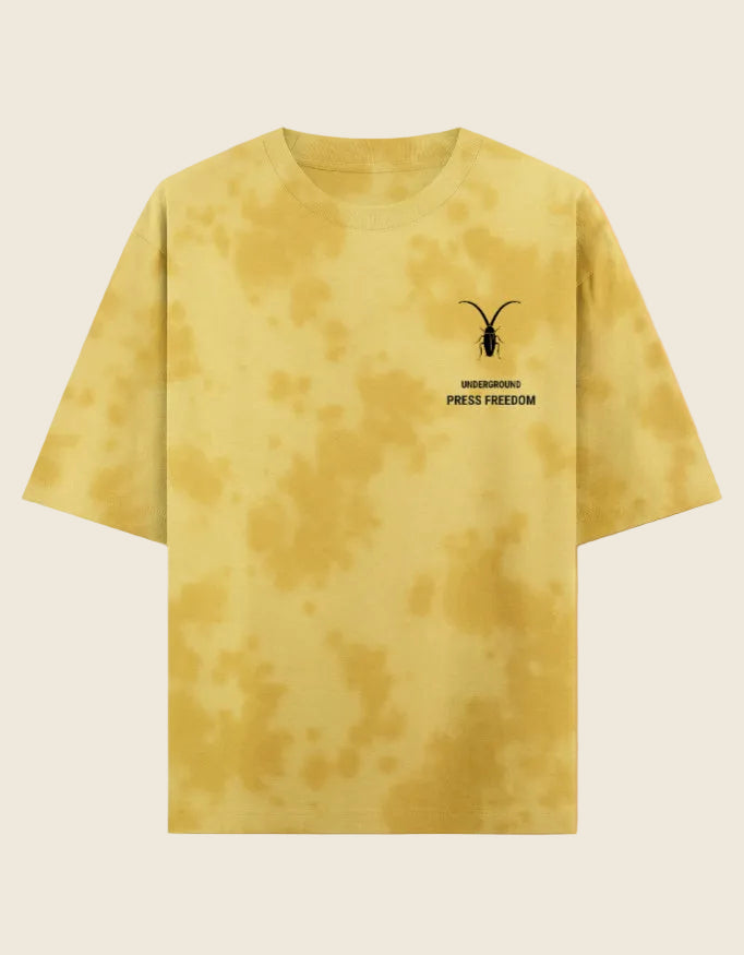 Fron Front view of the Roach Resistance Press Freedom unisex oversized tie-dye t-shirt in bold yellow, crafted from heavy 260GSM cotton.