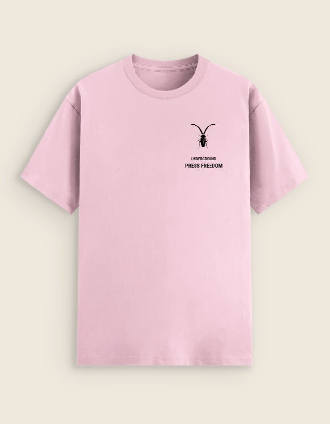 Front Front view of the Roach Resistance Press Freedom light baby pink unisex stretch t-shirt, highlighting the clean, structured cotton-elastane fit.