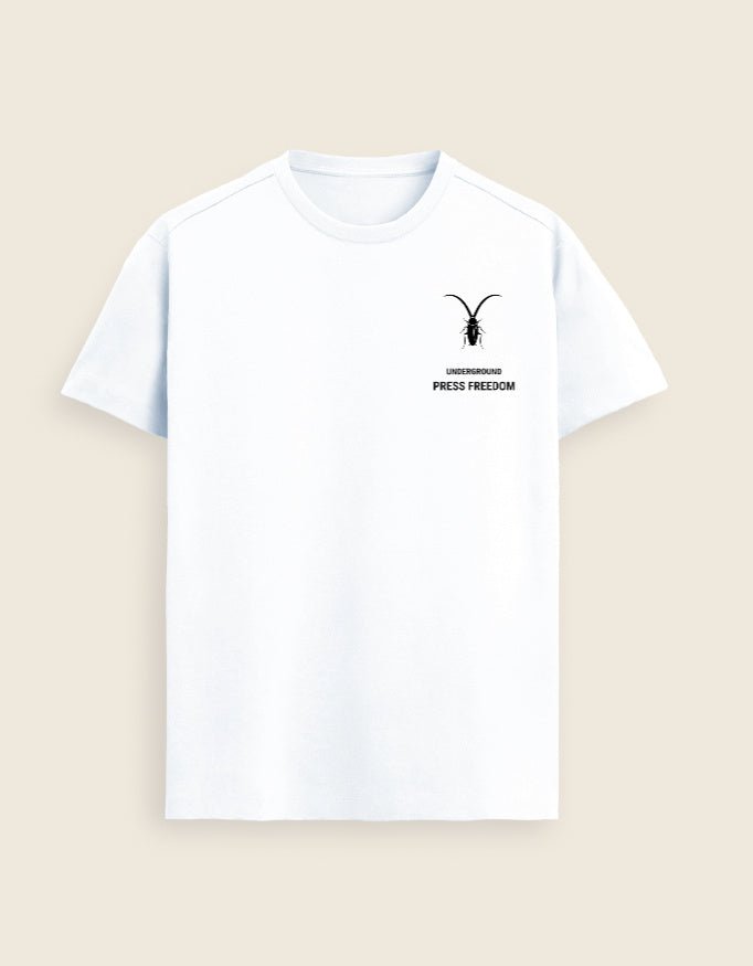 Front Studio display of a pristine white luxury unisex t-shirt in regular fit Supima cotton from the Roach Resistance Press Freedom collection.