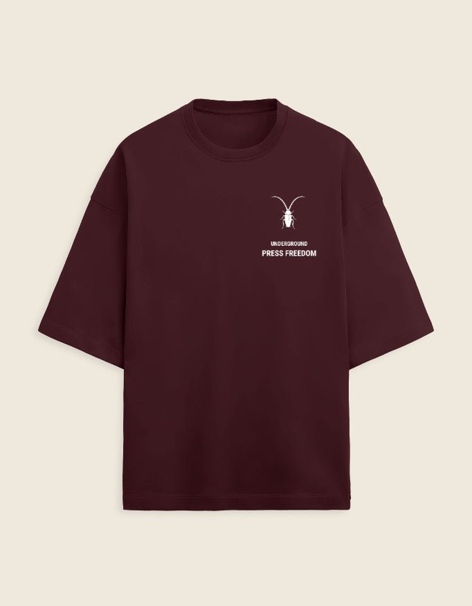 Front Premium maroon unisex oversized terry-knit t-shirt by Roach Resistance, featuring a relaxed drop-shoulder fit.