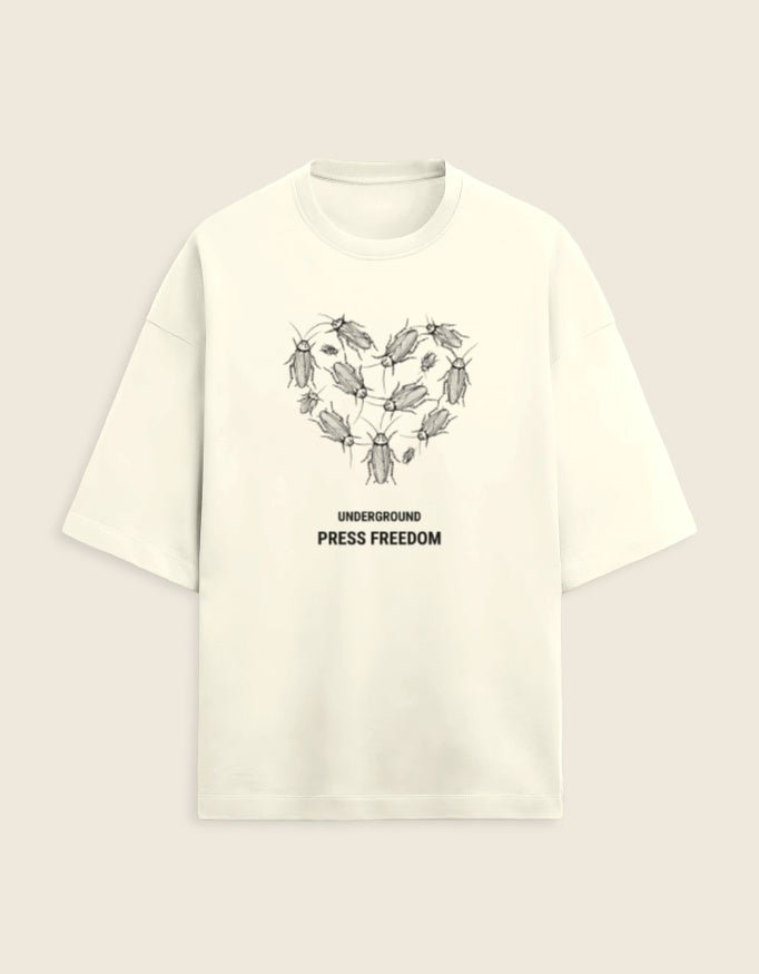 Front Front view of the Roach Resistance Press Freedom unisex oversized tee in off white, showcasing the heavy 260GSM terry-knit texture.