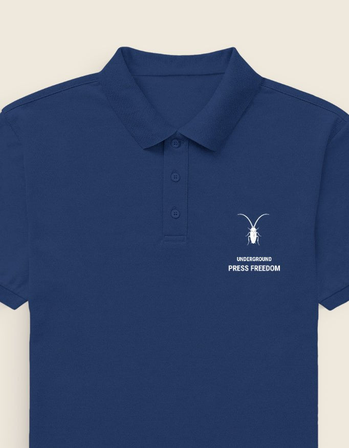 Left pocket Men's premium royal blue polo shirt featuring a structured collar and textured 220GSM cotton by Roach Resistance.