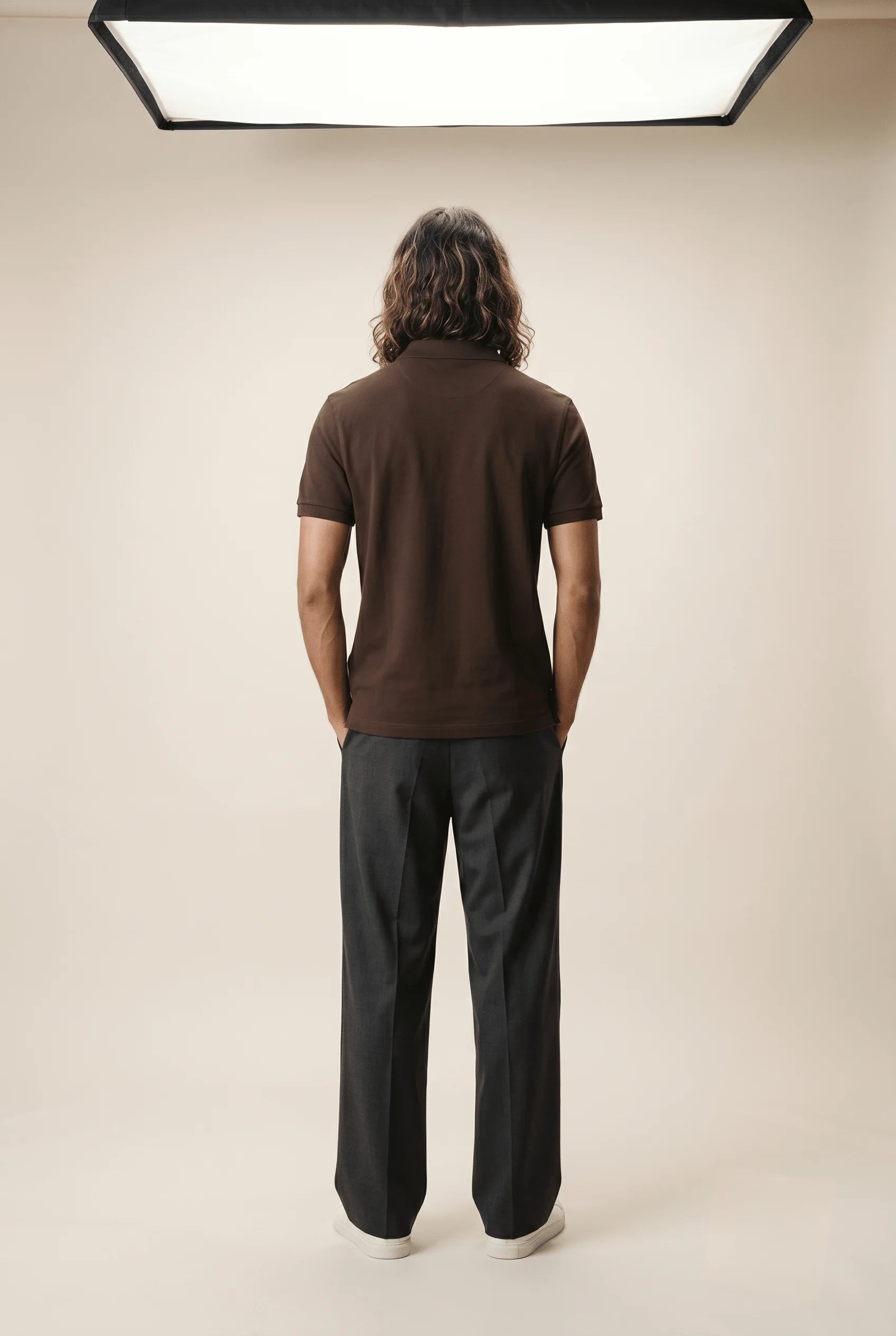 Back view of the Roach Resistance Press Freedom men's polo shirt in coffee brown textured 220GSM Airtex cotton.