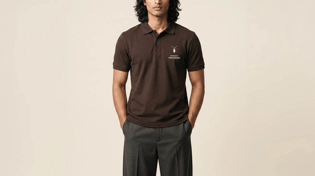 Roach Resistance Press Freedom Men's premium coffee brown polo shirt featuring a structured collar and textured 220GSM cotton.