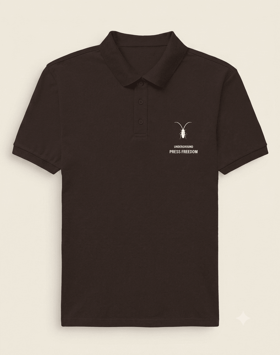 Front view of the Roach Resistance Press Freedom men's polo shirt in coffee brown textured 220GSM Airtex cotton.