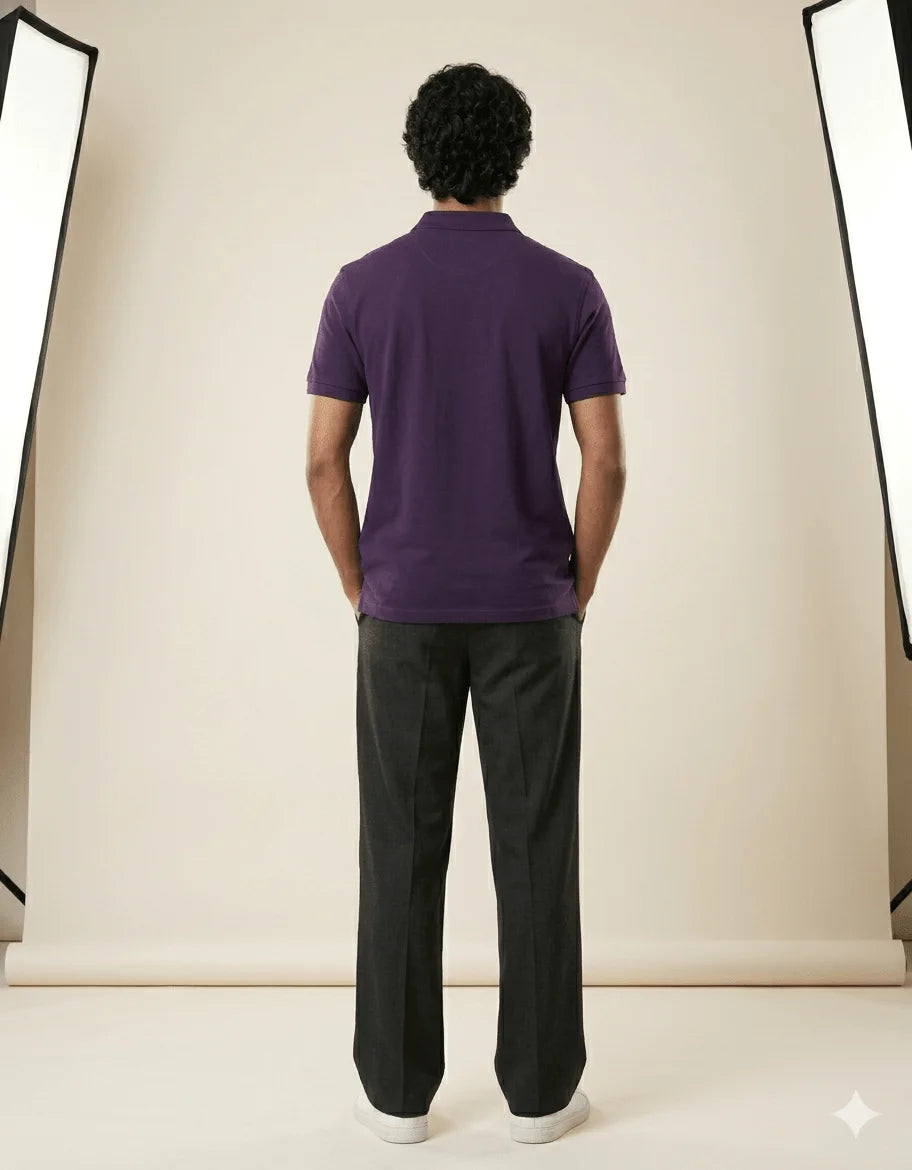 Men's premium rich purple polo shirt featuring a structured collar and textured 220GSM cotton from the Roach Resistance Press Freedom collection.