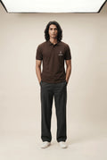 Front view of the Roach Resistance Press Freedom men's polo shirt in coffee brown textured 220GSM Airtex cotton.
