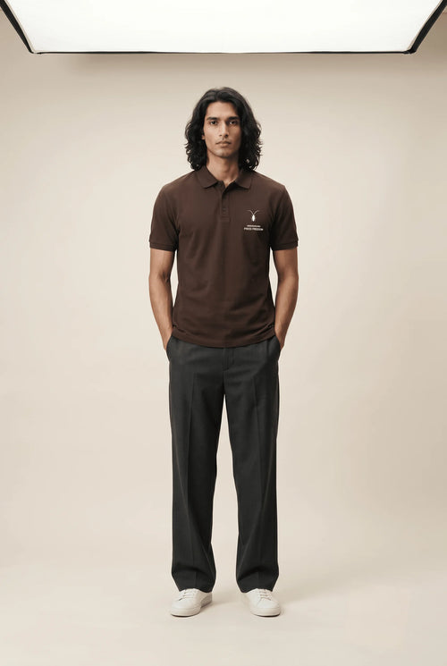 Front view of the Roach Resistance Press Freedom men's polo shirt in coffee brown textured 220GSM Airtex cotton.