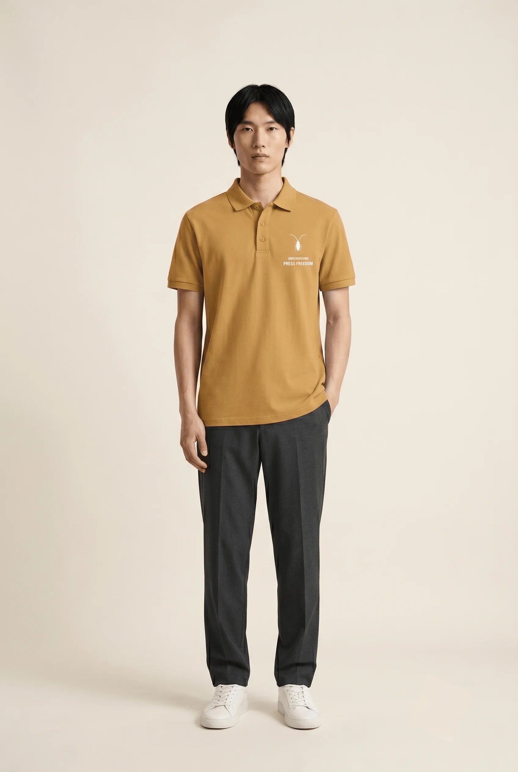 Elevated mustard yellow unisex regular fit polo shirt in premium 220GSM cotton from the Roach Resistance Press Freedom capsule.