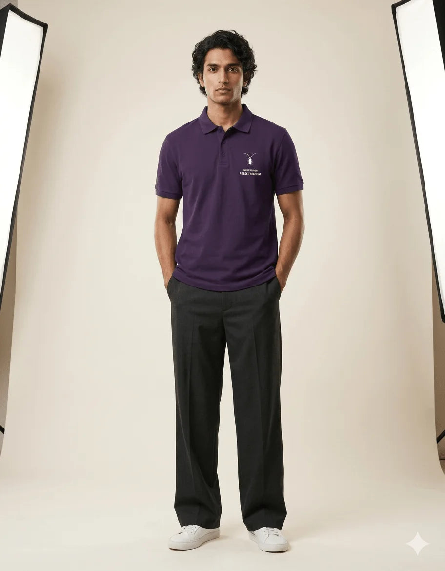 Studio portrait of the premium purple regular fit polo shirt from the Roach Resistance Press Freedom collection.