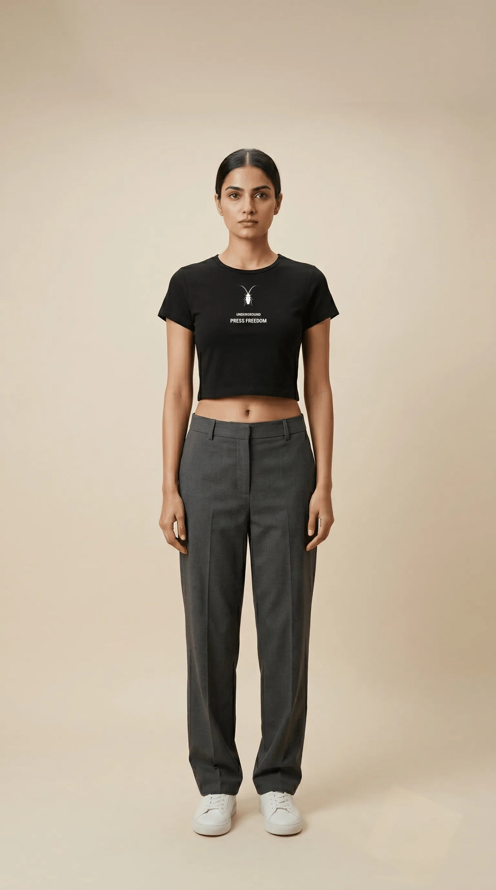 Front view of the Roach Resistance Press Freedom lavender baby tee for women, showcasing the fitted cropped silhouette.