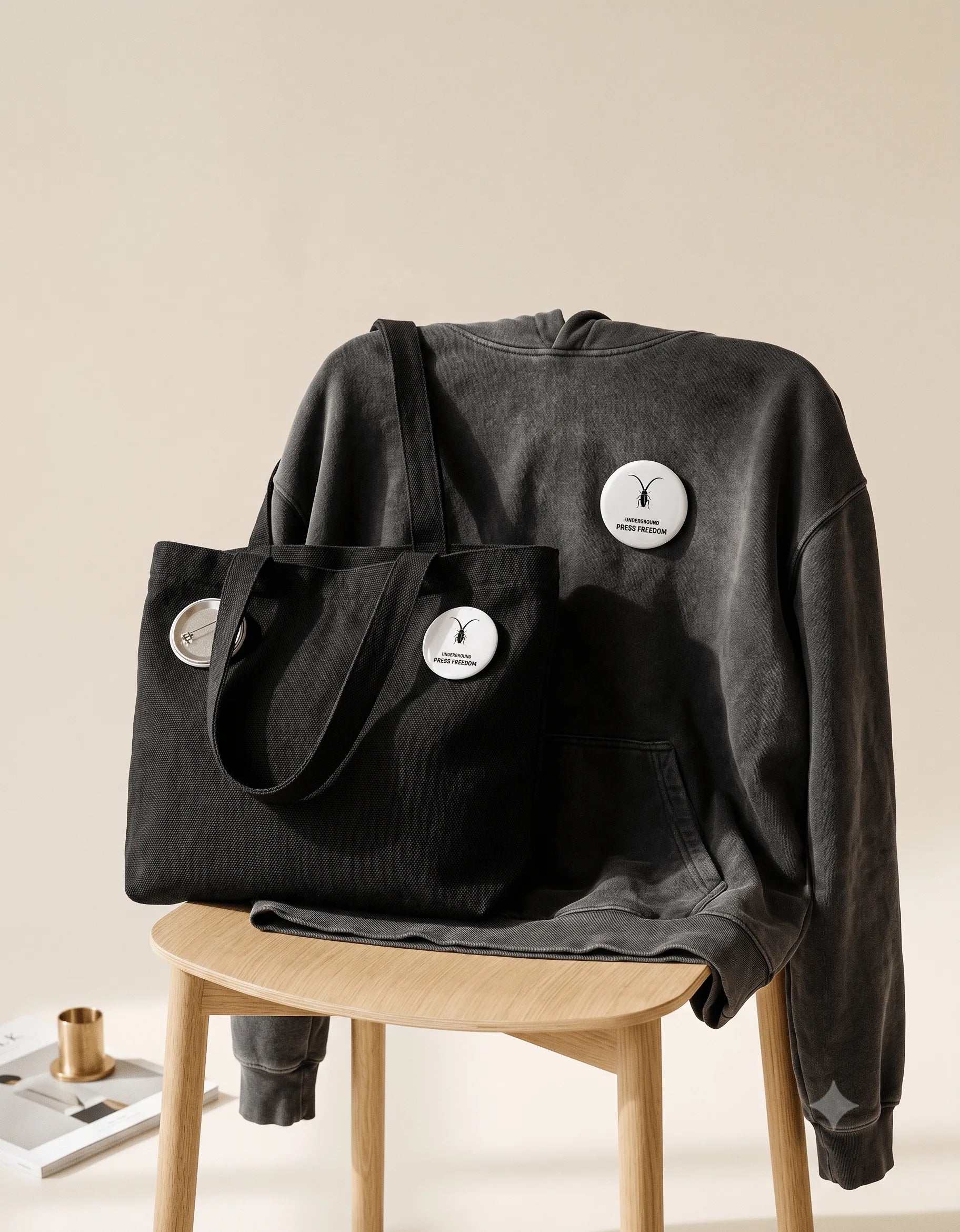 The Roach Resistance Press Freedom glossy pin badge styled on a heavyweight cotton garment.