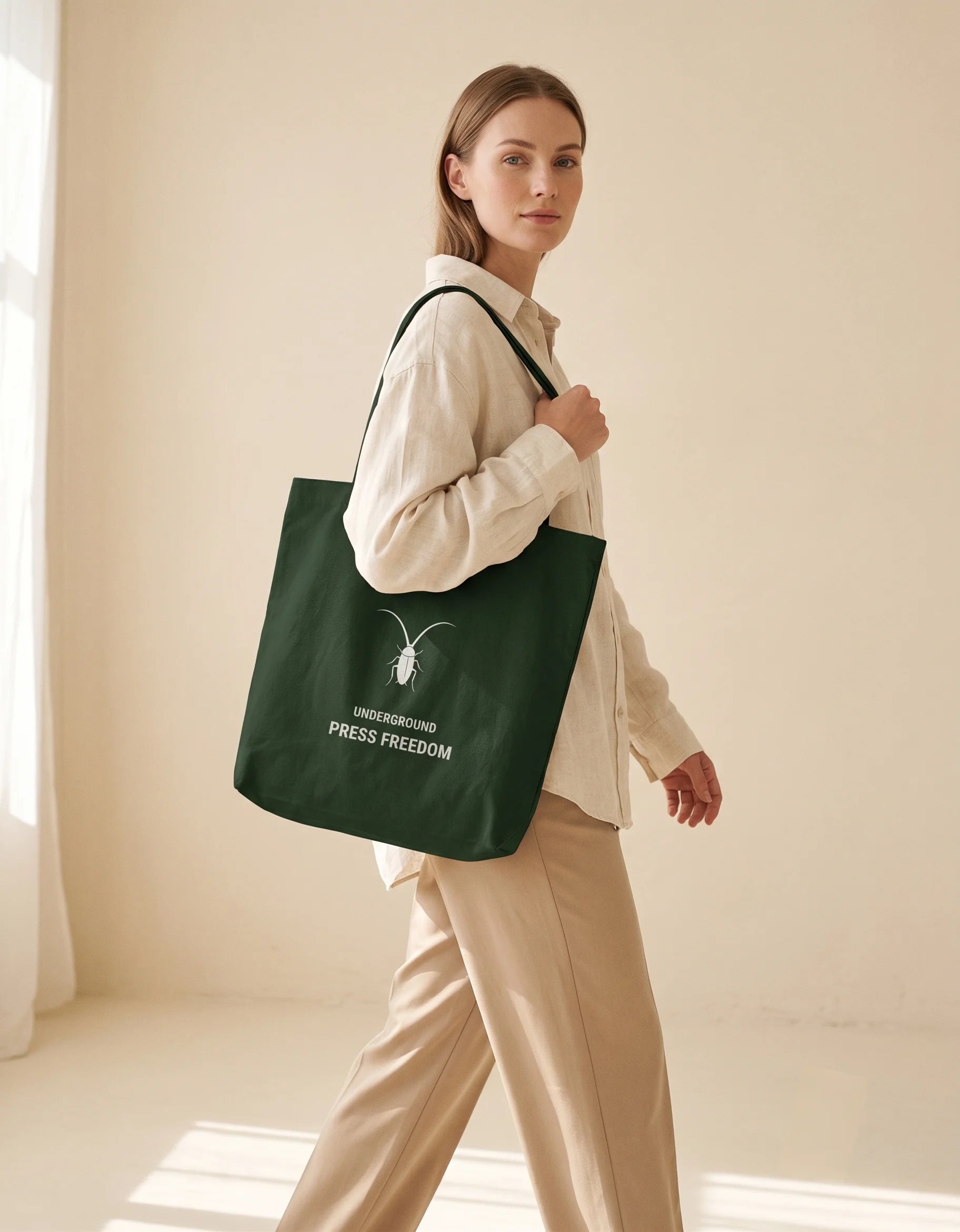 bottle green canvas tote bag with a secure zipper closure by Roach Resistance lifestyle.