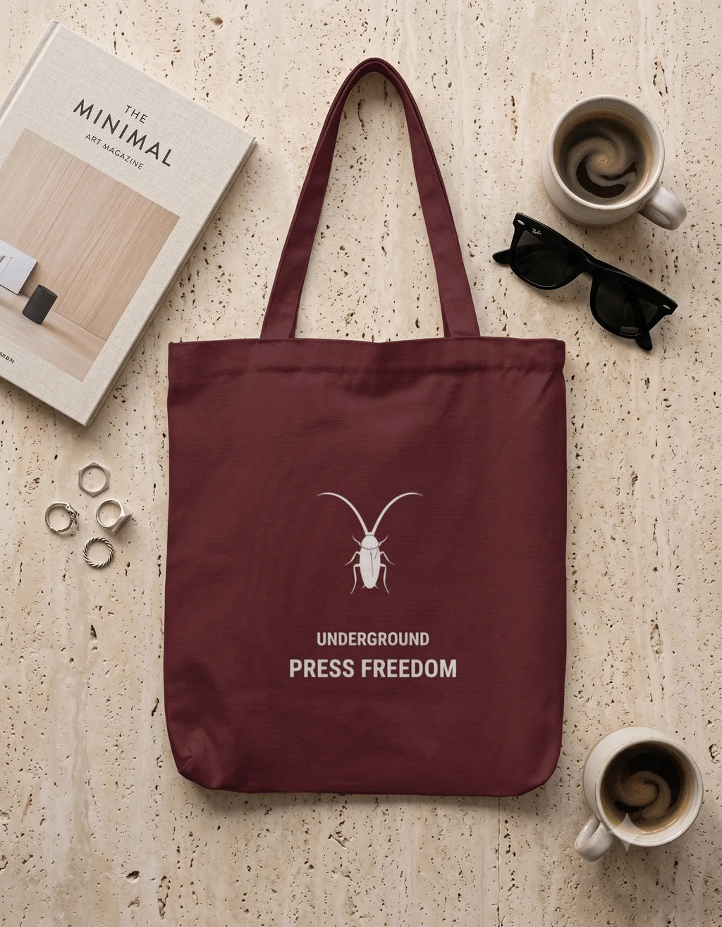 Premium maroon heavy-duty cotton canvas zip tote bag from the Roach Resistance Press Freedom capsule.