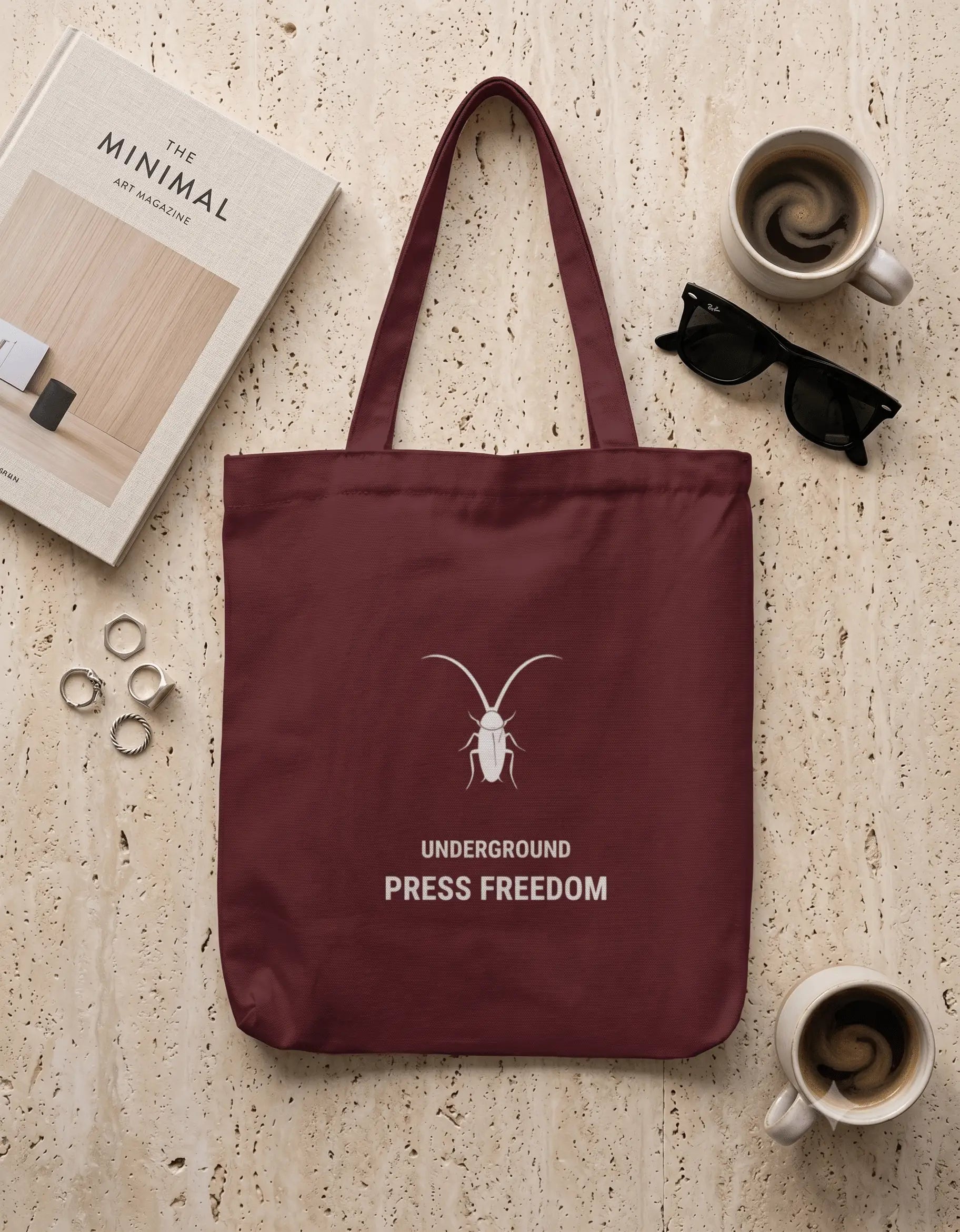 Premium maroon heavy-duty cotton canvas zip tote bag from the Roach Resistance Press Freedom capsule.