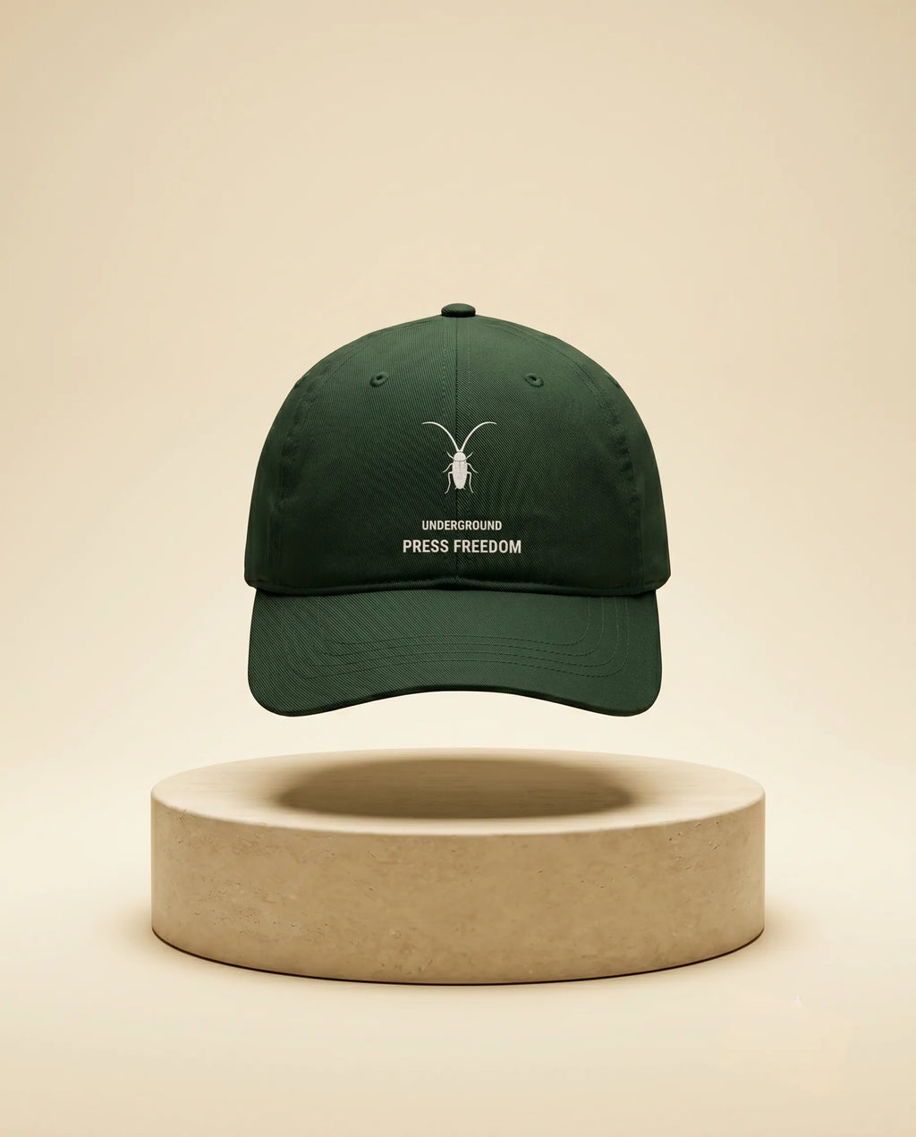 Dark bottle green premium cotton drill baseball cap with an adjustable fit from the Roach Resistance Press Freedom drop.