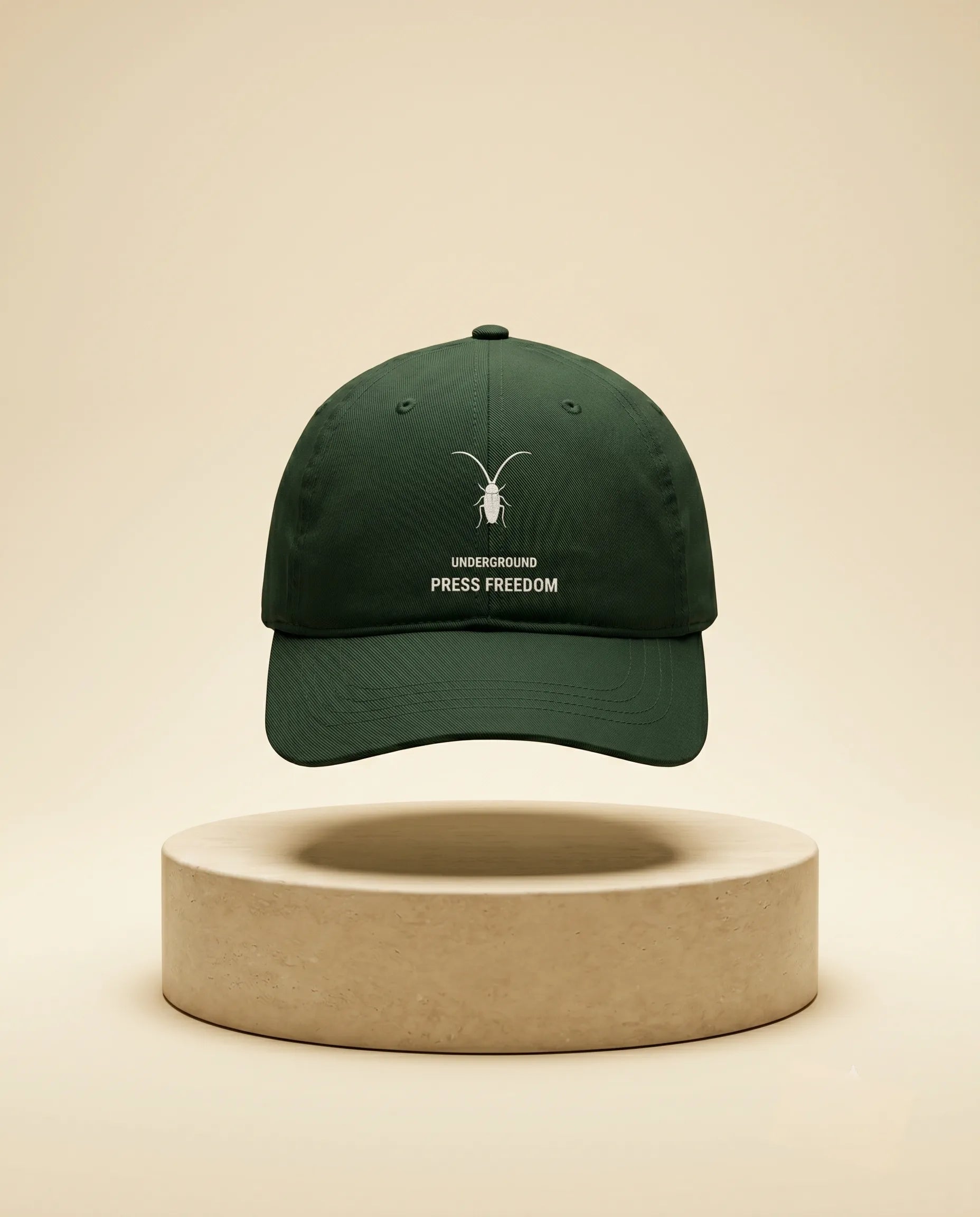 Dark bottle green premium cotton drill baseball cap with an adjustable fit from the Roach Resistance Press Freedom drop.