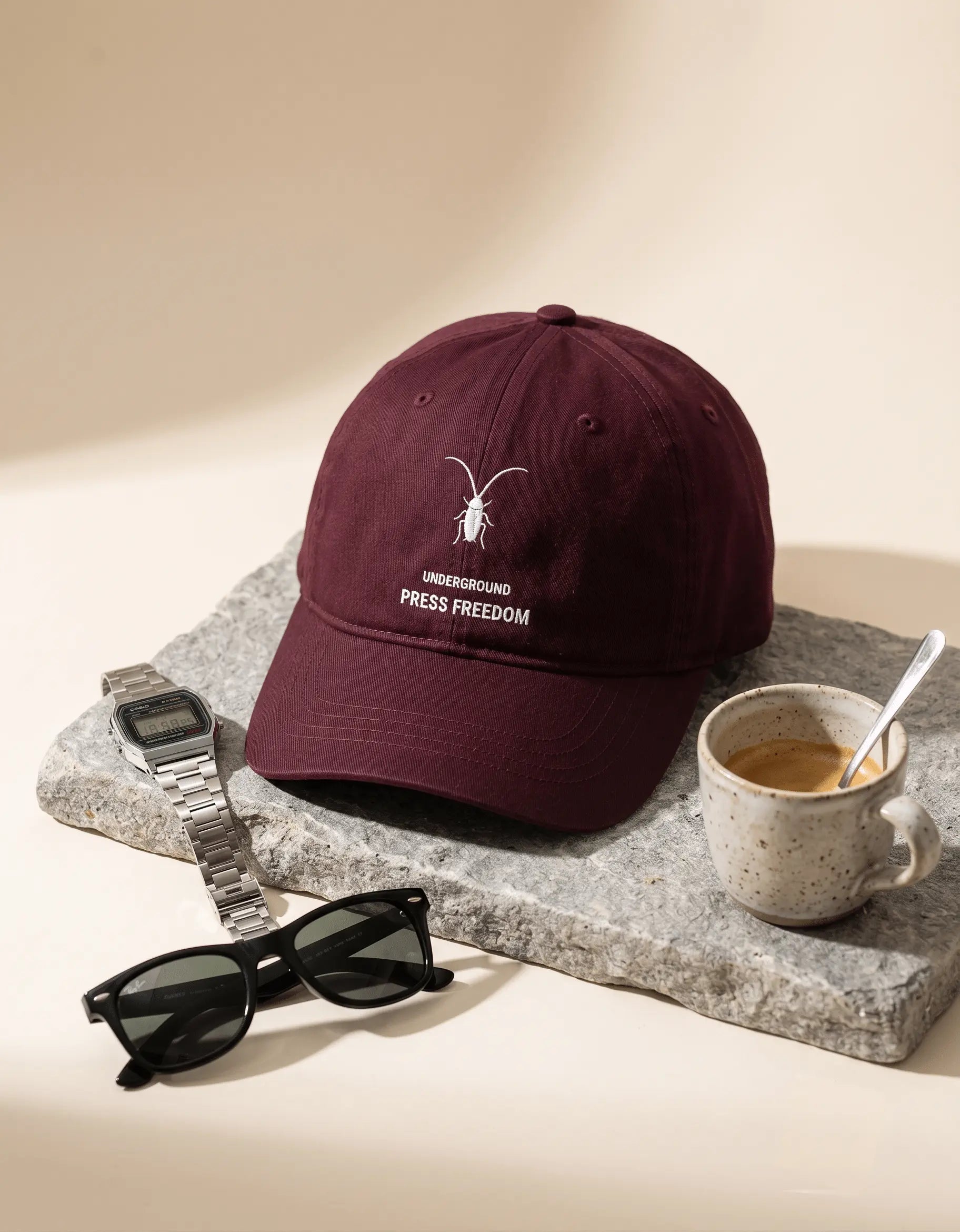 Rich maroon luxury cotton drill baseball cap featuring lifestyle by Roach Resistance.
