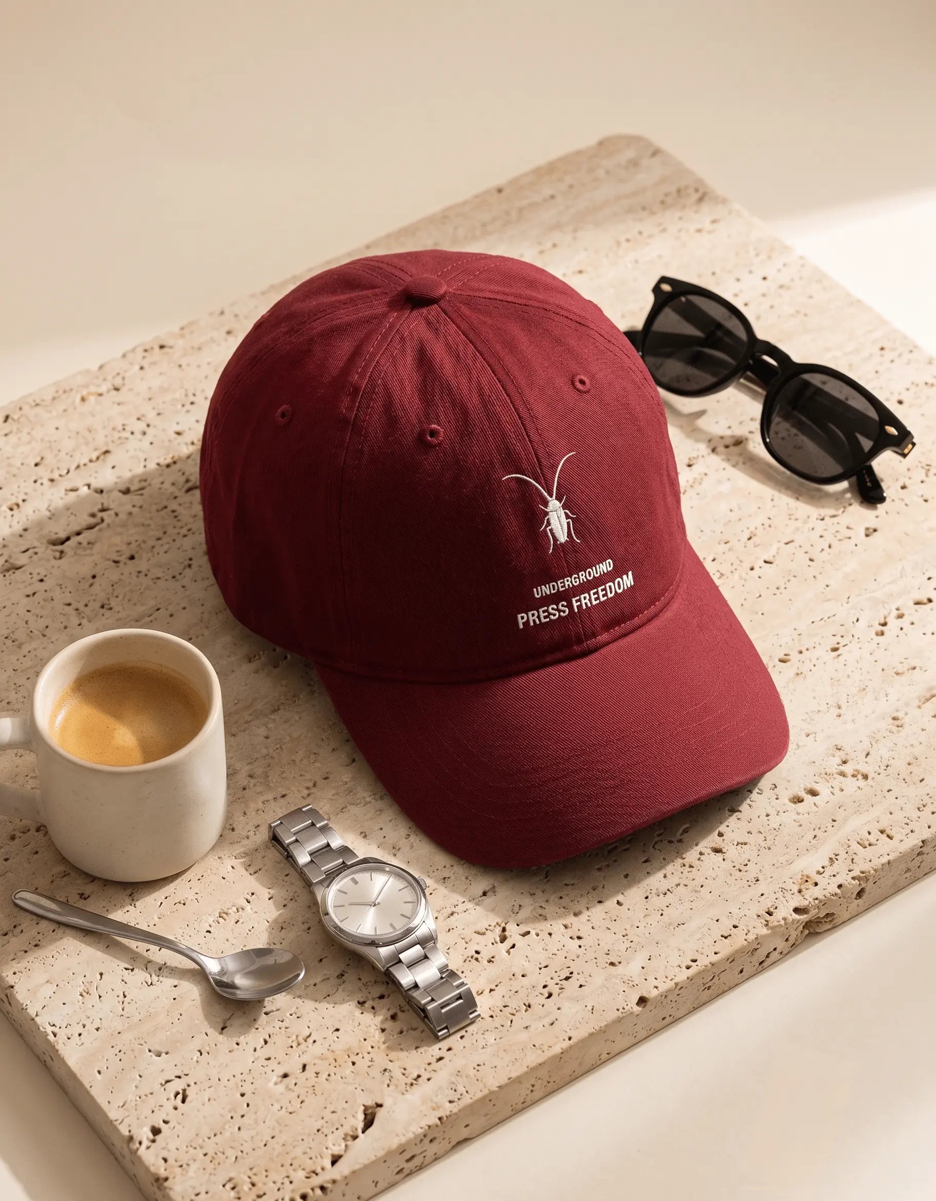 red double-stitched cotton drill baseball cap by Roach Resistance from the Press Freedom drop.
