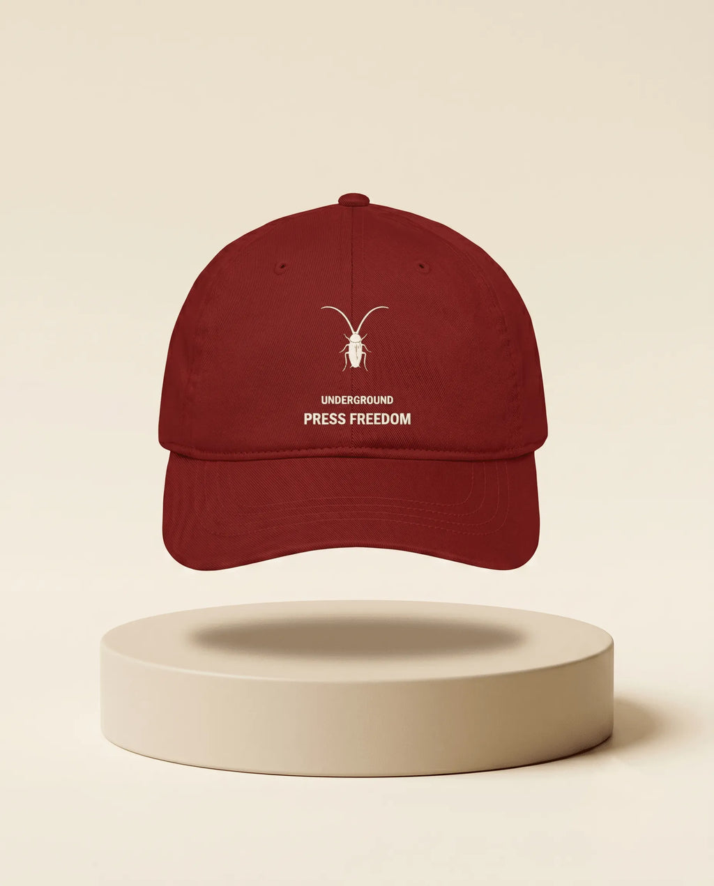 Bold red double-stitched cotton drill baseball cap by Roach Resistance from the Press Freedom drop.