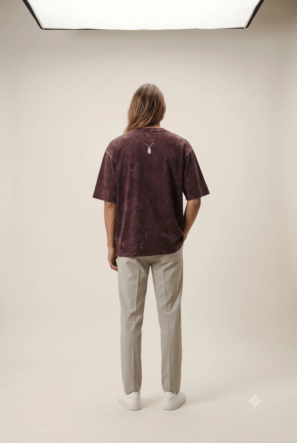 Premium maroon unisex oversized acid-washed t-shirt by Roach Resistance, featuring back look a relaxed drop-shoulder fit.