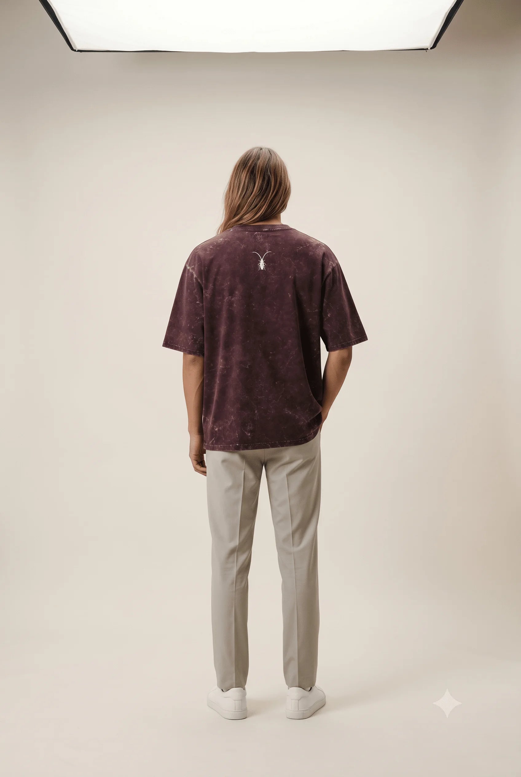 Premium maroon unisex oversized acid-washed t-shirt by Roach Resistance, featuring back look a relaxed drop-shoulder fit.