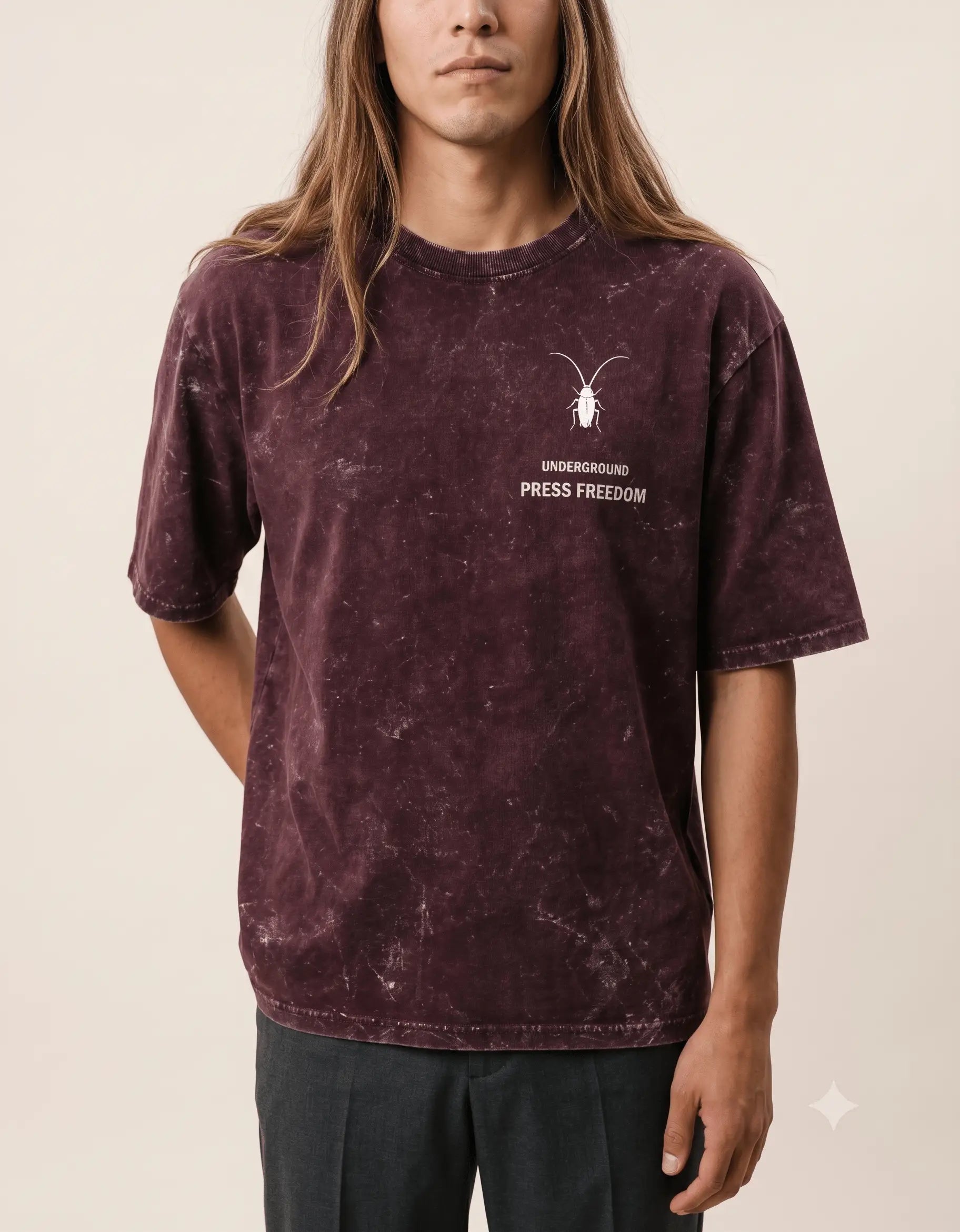 Luxury streetwear campaign showcasing the Roach Resistance 240GSM heavyweight acid-washed cotton t-shirts. close-up 