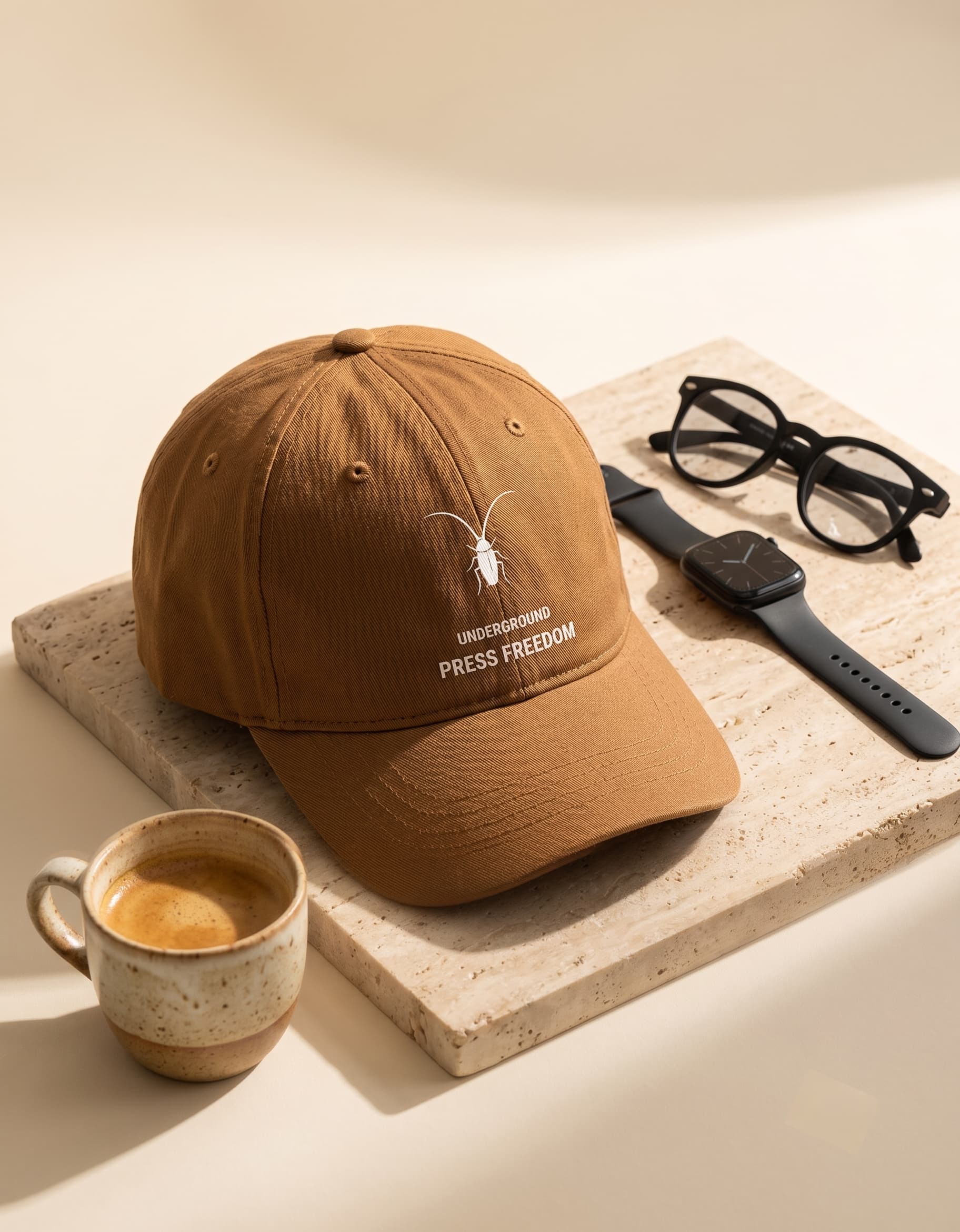 Essential khaki premium cotton drill streetwear baseball cap from the Roach Resistance Press Freedom lifestyle capsule.