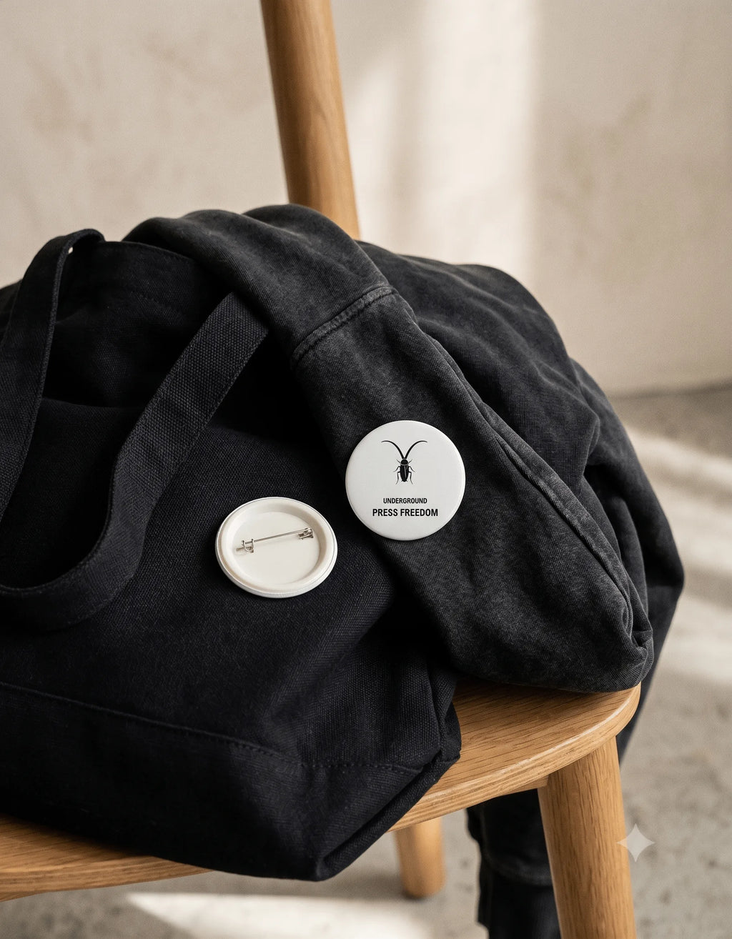Front view of the premium glossy round pin badge from the Roach Resistance Press Freedom streetwear collection.