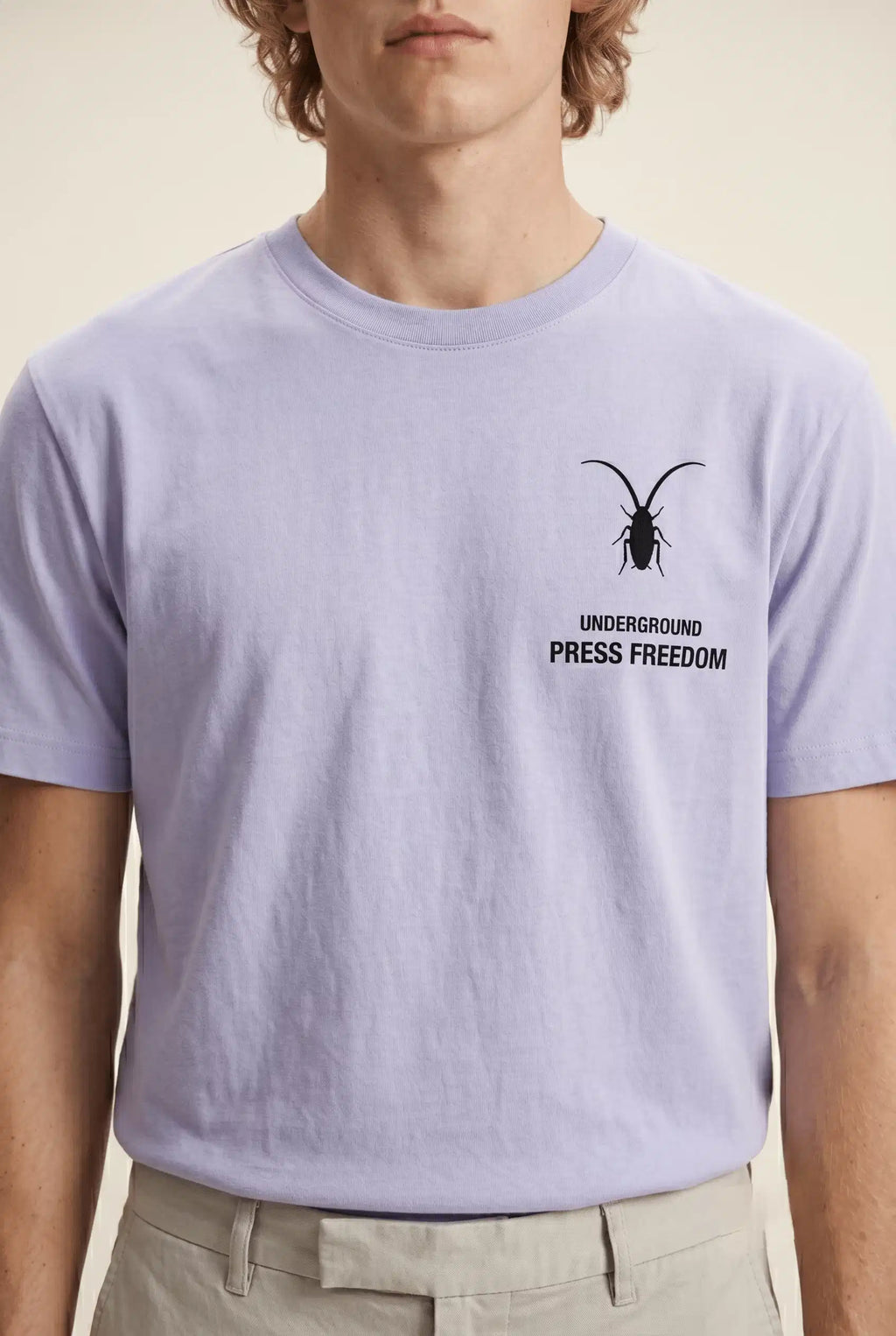 Soft lavender luxury unisex regular fit t-shirt from Roach Resistance's Press Freedom drop in premium 160GSM breathable Supima cotton. closeup look