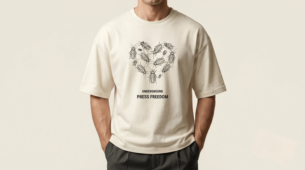 Front view of the Roach Resistance Press Freedom unisex oversized tee in off white, showcasing the heavy 260GSM terry-knit texture.closeup