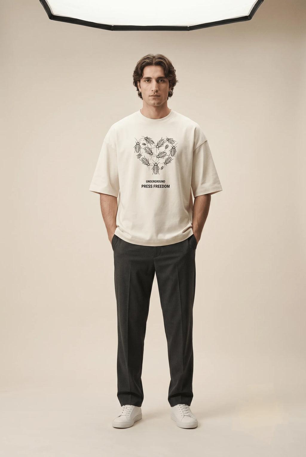 Front view of the Roach Resistance Press Freedom unisex oversized tee in off white, showcasing the heavy 260GSM terry-knit texture.
