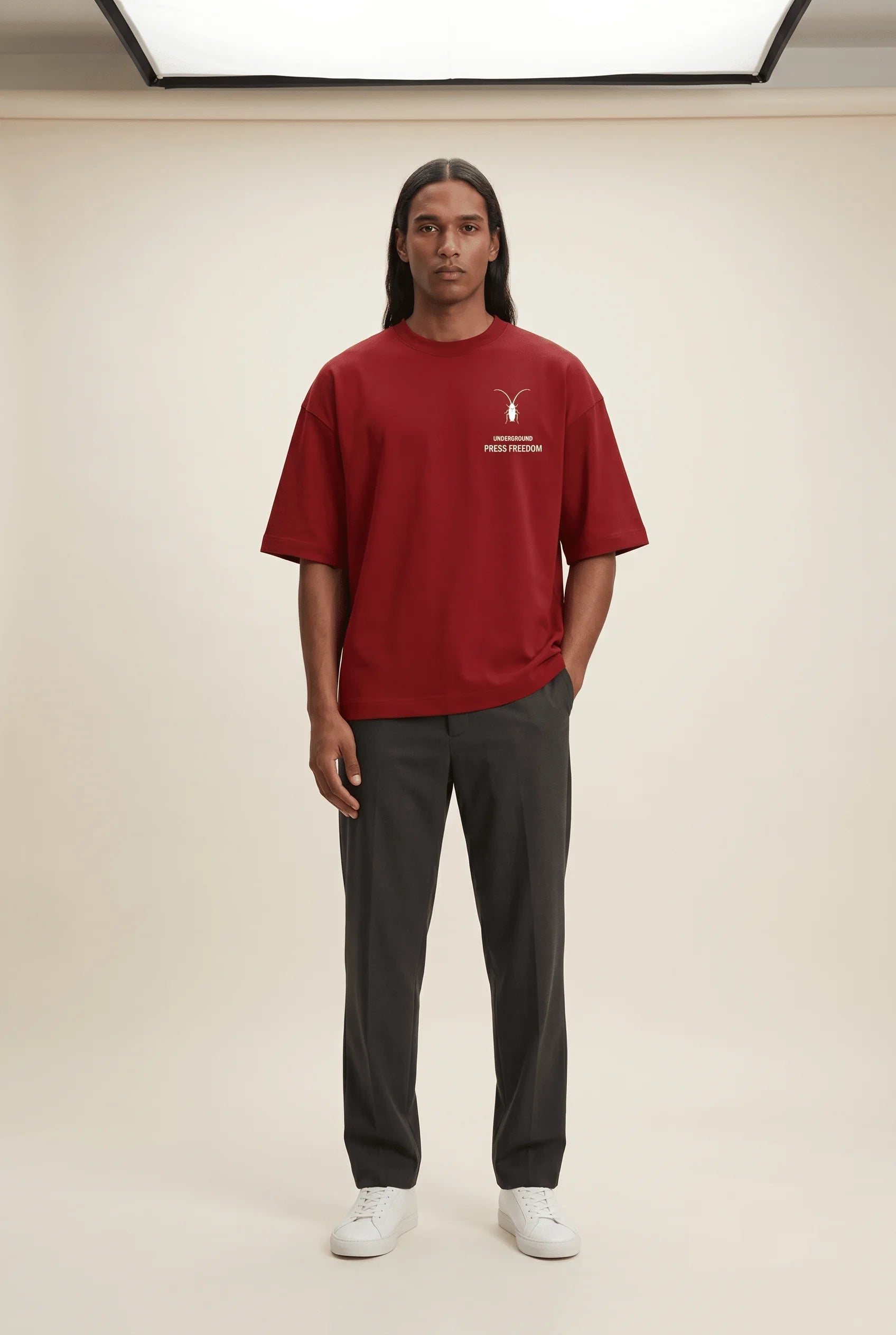 Bold red unisex oversized t-shirt with drop shoulders from the Roach Resistance Press Freedom collection.wide