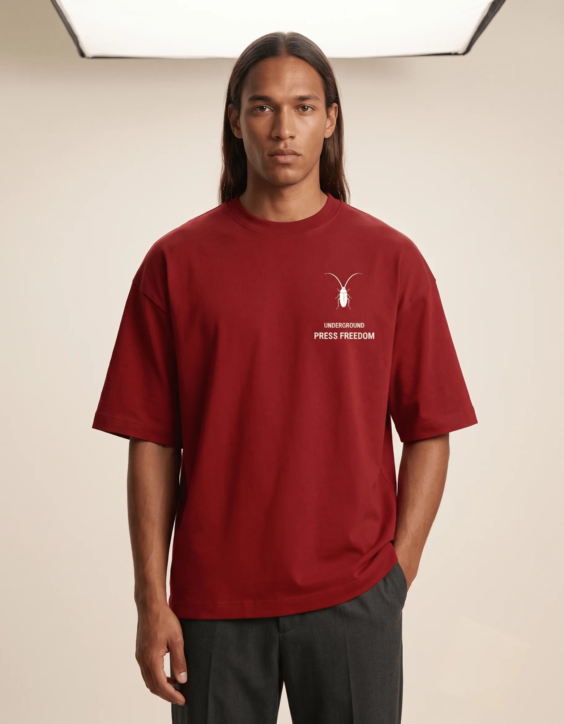 Bold red unisex oversized t-shirt with drop shoulders from the Roach Resistance Press Freedom collection.